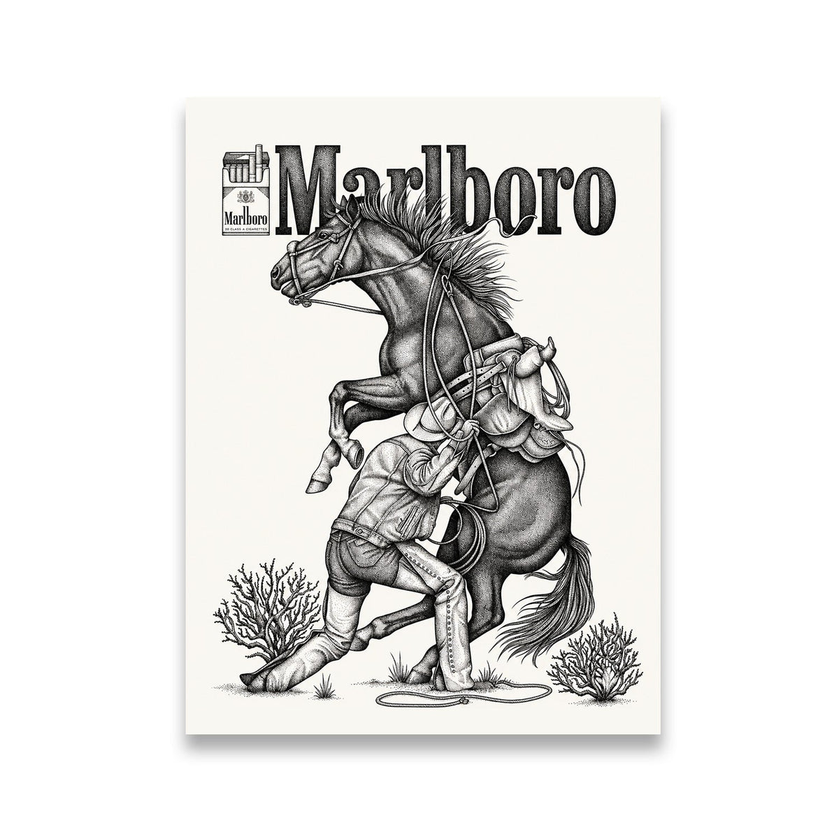 Marlboro cowboy and rearing horse black and white stipple illustration canvas wall art — flat front view