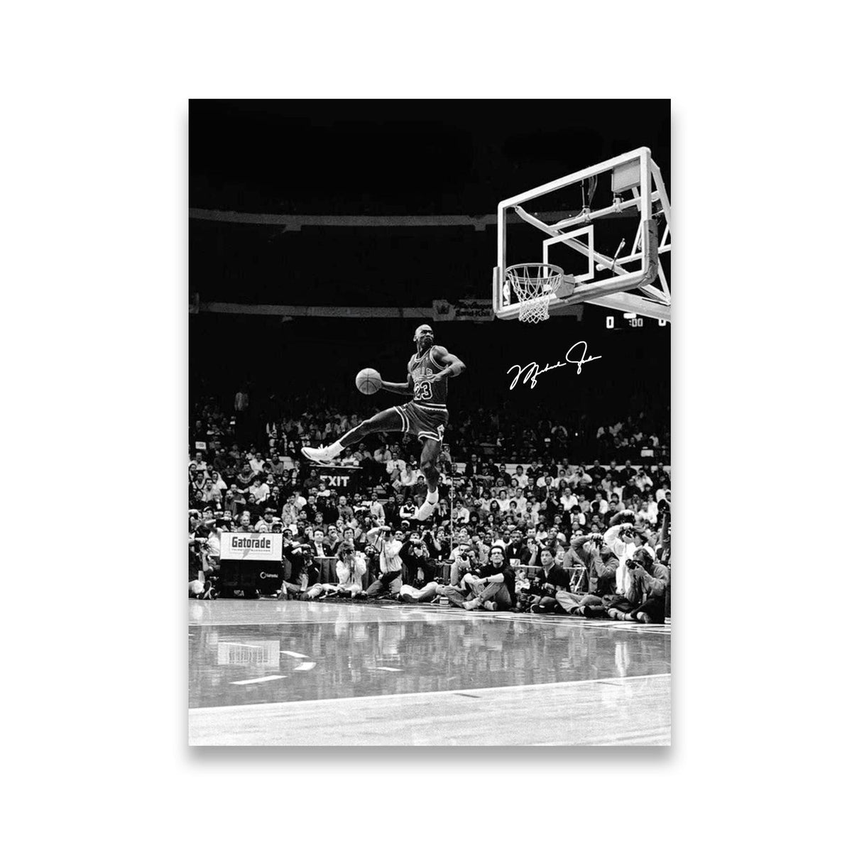 Michael Jordan #23 mid-air dunk black and white canvas wall art with arena crowd below