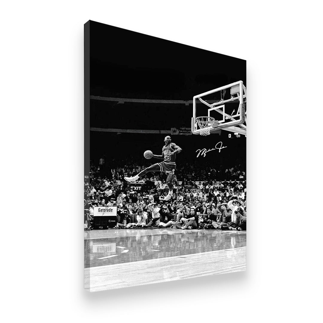 Michael Jordan dunk canvas print gallery wrap side view showing depth and archival print quality