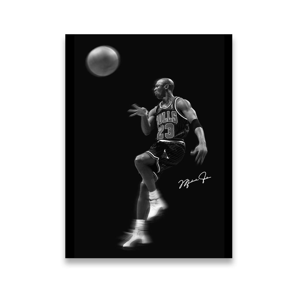 Michael Jordan No. 23 Chicago Bulls jump shot black and white canvas wall art — flat front view
