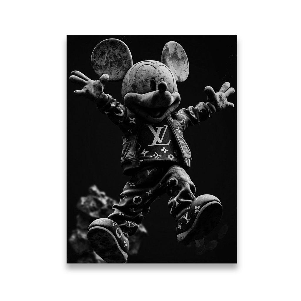 Black and white pop art canvas wall art of cartoon mouse sculpture wearing LV-style monogram luxury streetwear, arms spread 
