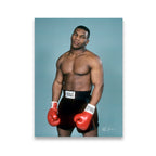 Mike Tyson early career portrait with red Everlast boxing gloves on teal background — canvas wall art print