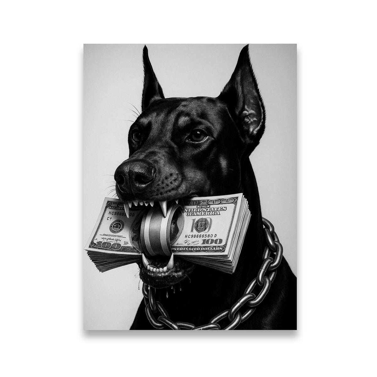 Black-and-white Doberman canvas wall art gripping a stack of $100 bills with a heavy chain collar — street luxury art print