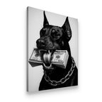 Gallery-wrapped Doberman money stack canvas wall art in black and white — bold street luxury decor for home office or man ca