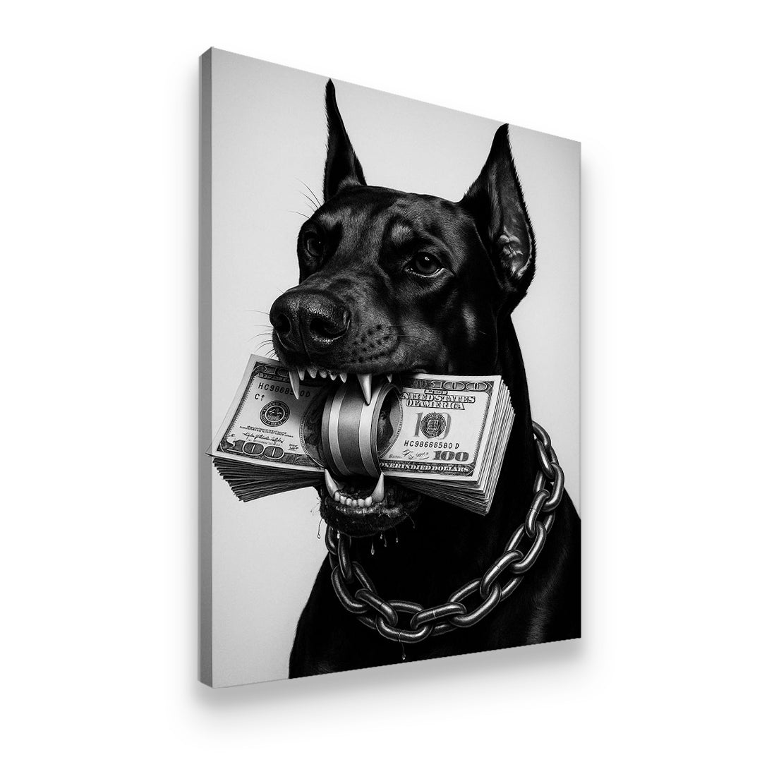 Gallery-wrapped Doberman money stack canvas wall art in black and white — bold street luxury decor for home office or man ca