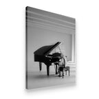 Gallery-wrapped canvas print of a hooded musician at a grand piano, monochrome cinematic wall art