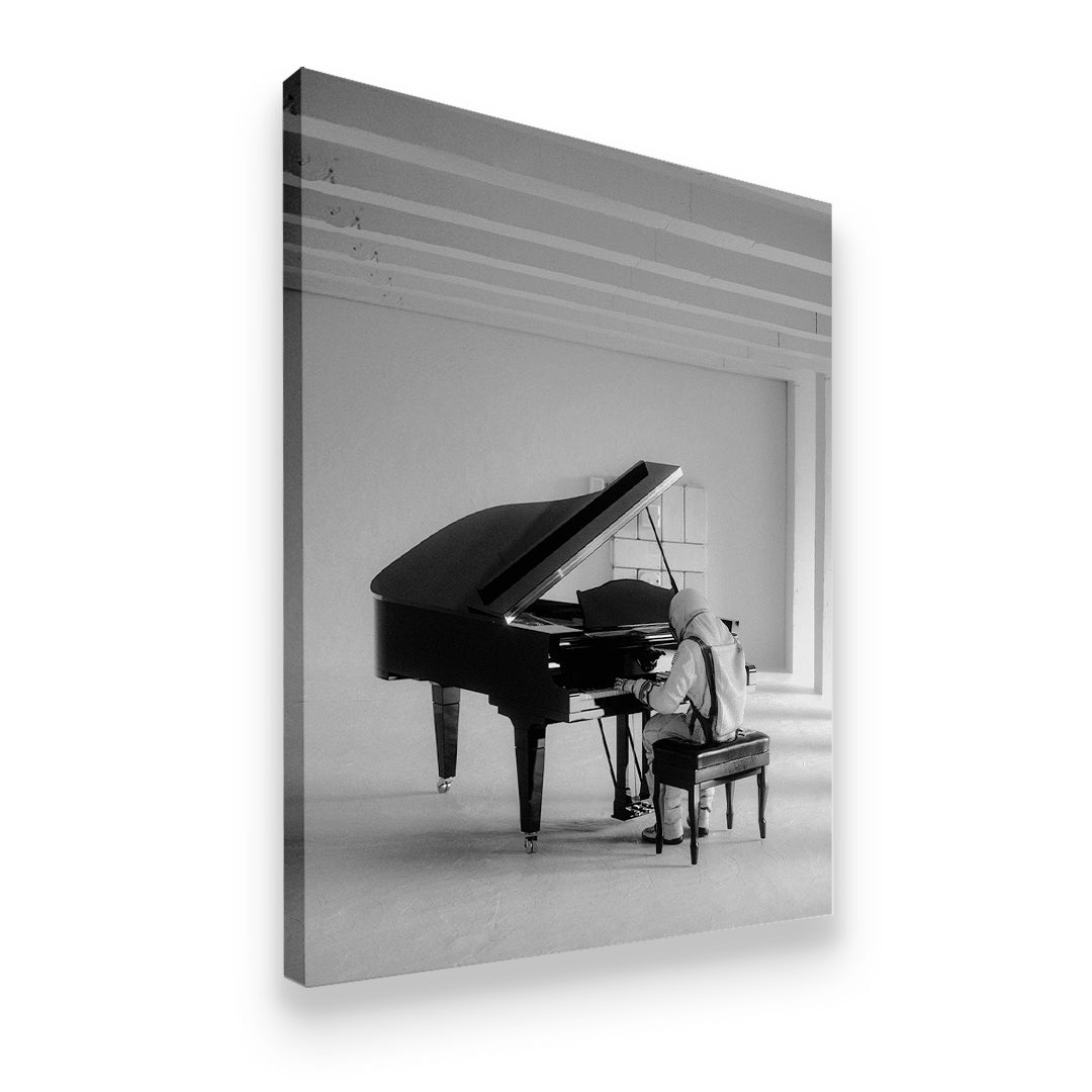 Gallery-wrapped canvas print of a hooded musician at a grand piano, monochrome cinematic wall art