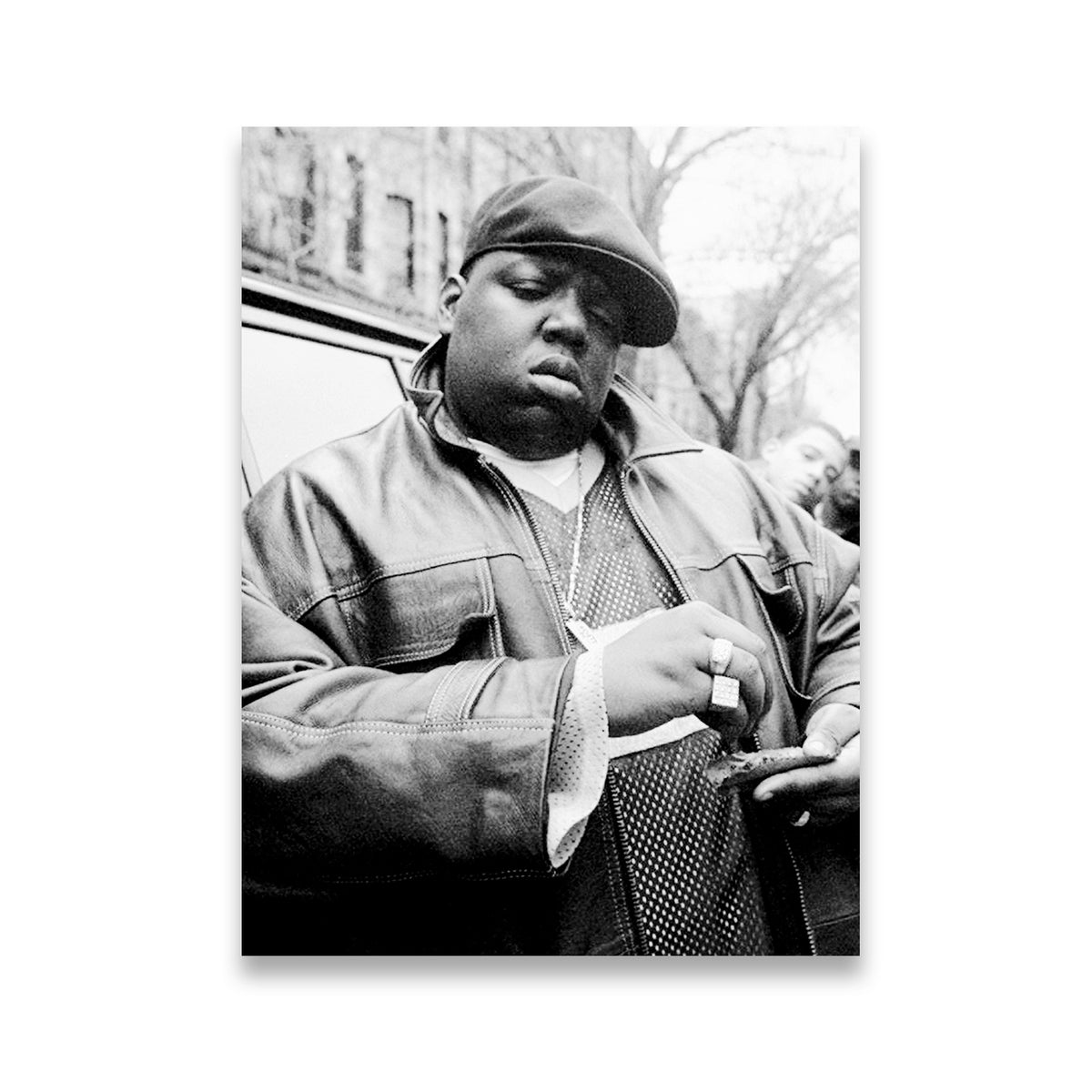 Notorious B.I.G. black and white street portrait canvas wall art — Biggie Smalls in leather jacket and cap, Brooklyn backdrop