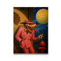 Cartoon wolf in pink suit and fedora leaning against brick wall under full moon — noir pop art canvas wall art