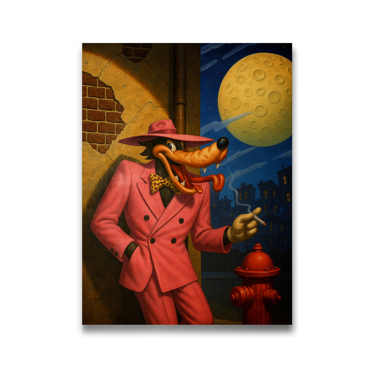 Cartoon wolf in pink suit and fedora leaning against brick wall under full moon — noir pop art canvas wall art