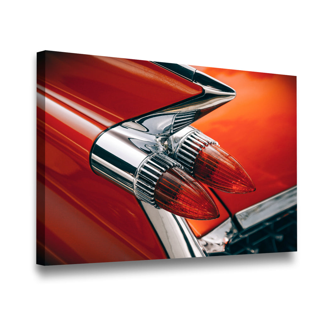 Gallery-wrapped canvas of a crimson classic car tail fin and chrome taillights, 1950s Cadillac-style retro wall art