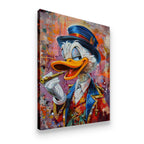 Gallery-wrapped Scrooge McDuck pop art canvas — side view showing premium depth and vivid color detail