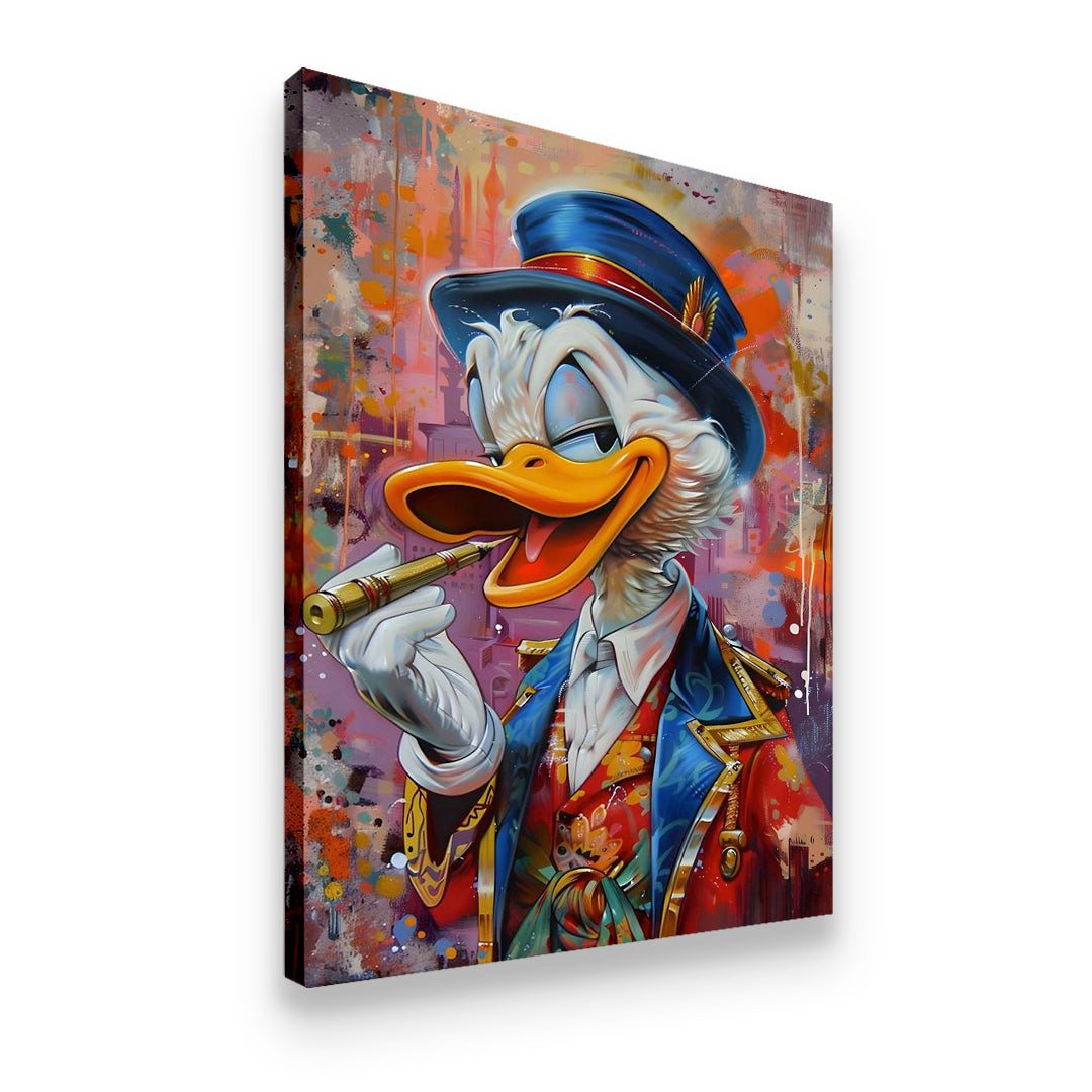 Gallery-wrapped Scrooge McDuck pop art canvas — side view showing premium depth and vivid color detail