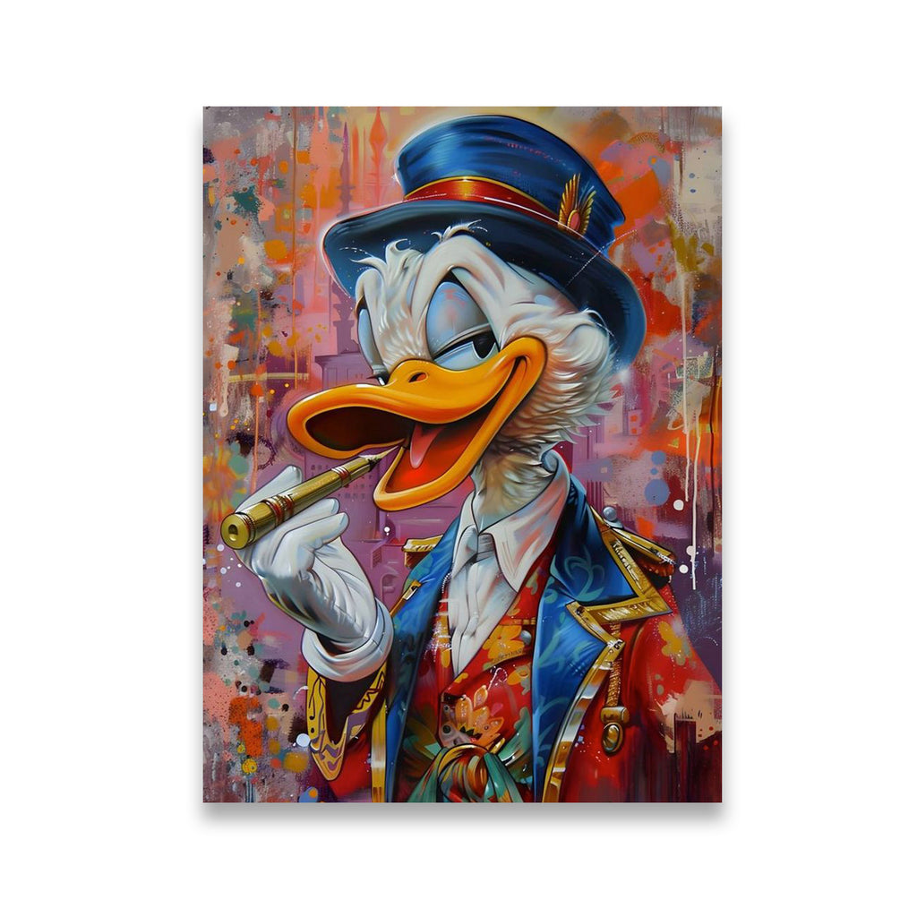Scrooge McDuck graffiti pop art canvas wall art — vibrant portrait in top hat and ornate coat with urban paint-splatter back