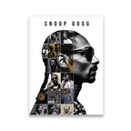 Snoop Dogg legacy silhouette collage canvas wall art — halftone profile filled with career-spanning black-and-white photo grid