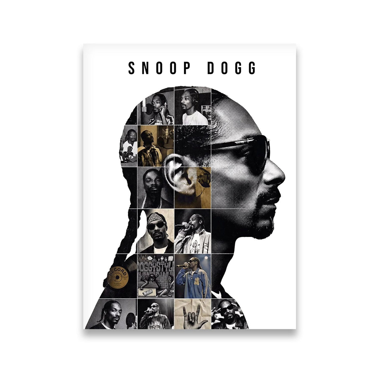 Snoop Dogg legacy silhouette collage canvas wall art — halftone profile filled with career-spanning black-and-white photo grid