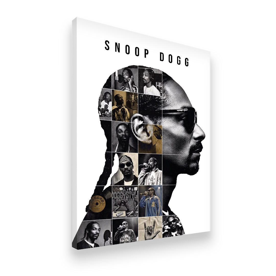 Gallery-wrapped Snoop Dogg silhouette collage canvas — studio, stage, and iconic moments printed in archival inks