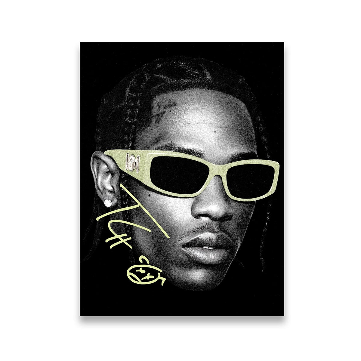 Travis Scott neon chartreuse sunglasses grayscale portrait canvas wall art on white background