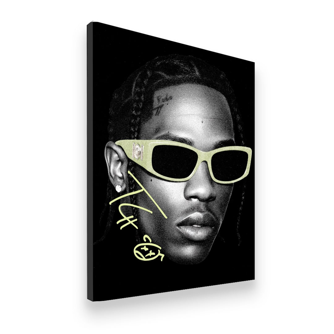 Travis Scott close-up portrait canvas wall art side angle showing gallery wrap depth and neon green detail