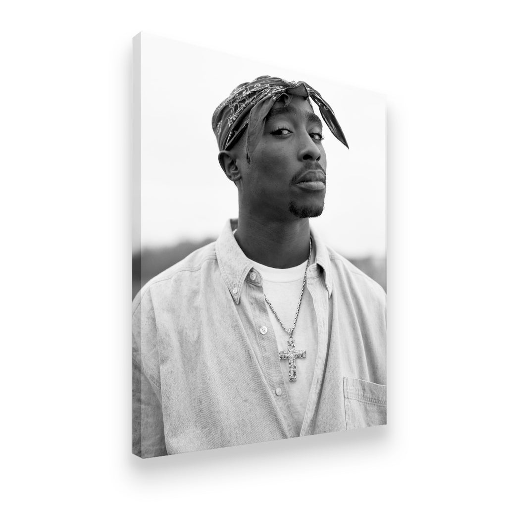 Gallery-wrapped Tupac Shakur monochrome portrait canvas — premium rap wall art for music fans