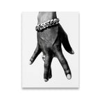 Tupac westside hand sign with Cuban link bracelet and diamond ring, black and white canvas wall art — front view
