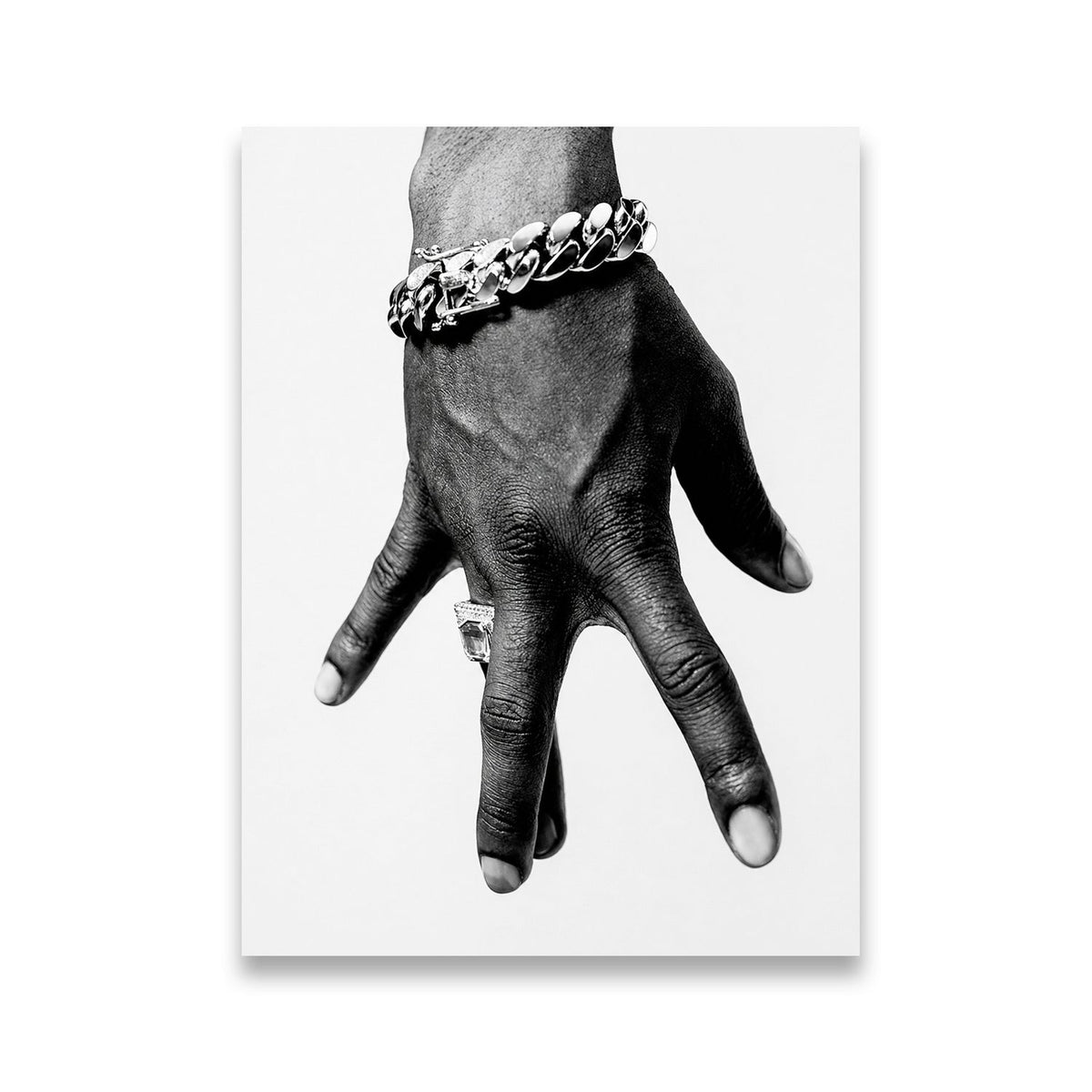 Tupac westside hand sign with Cuban link bracelet and diamond ring, black and white canvas wall art — front view