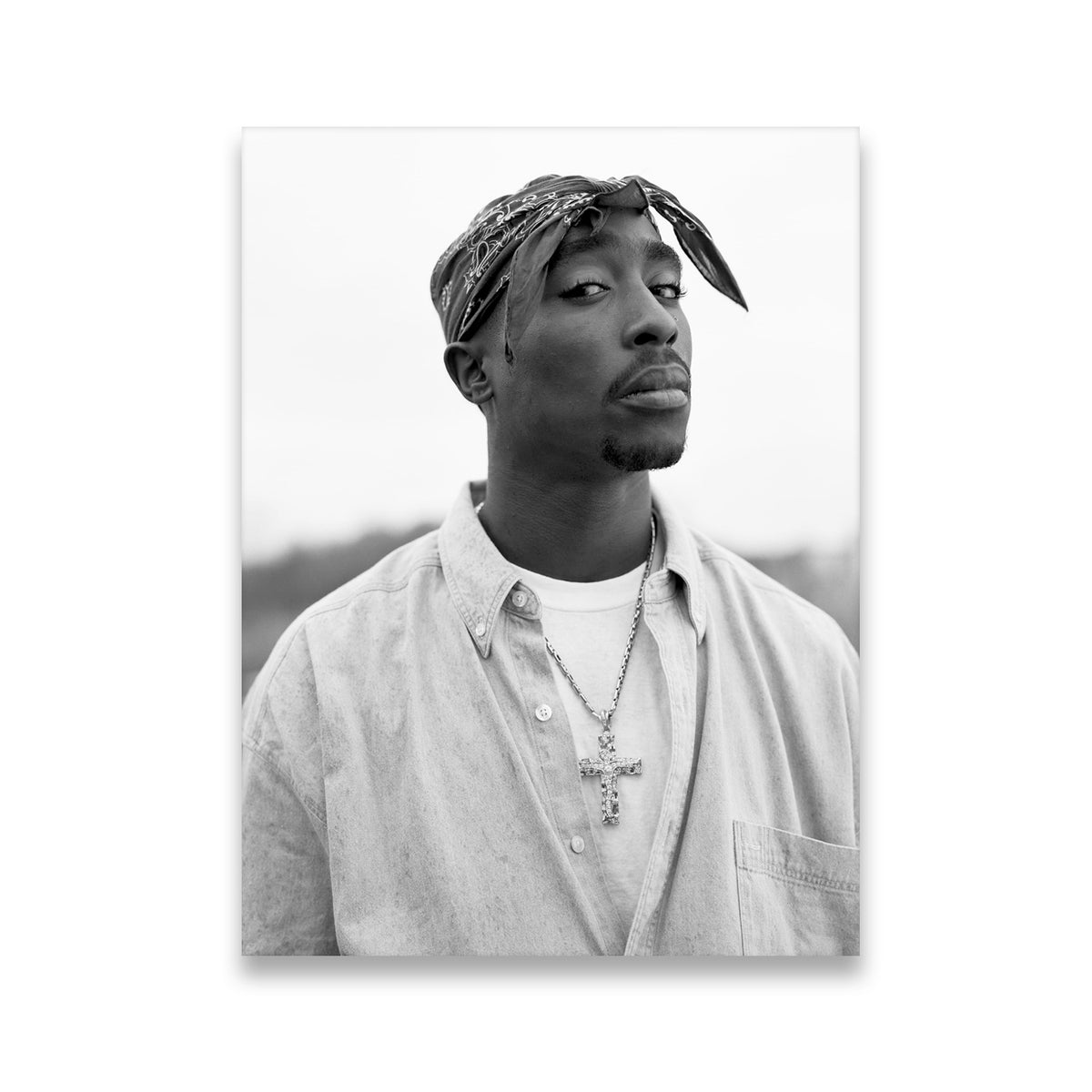 Tupac Shakur black and white portrait canvas wall art — bandana, cross pendant, 90s hip-hop icon
