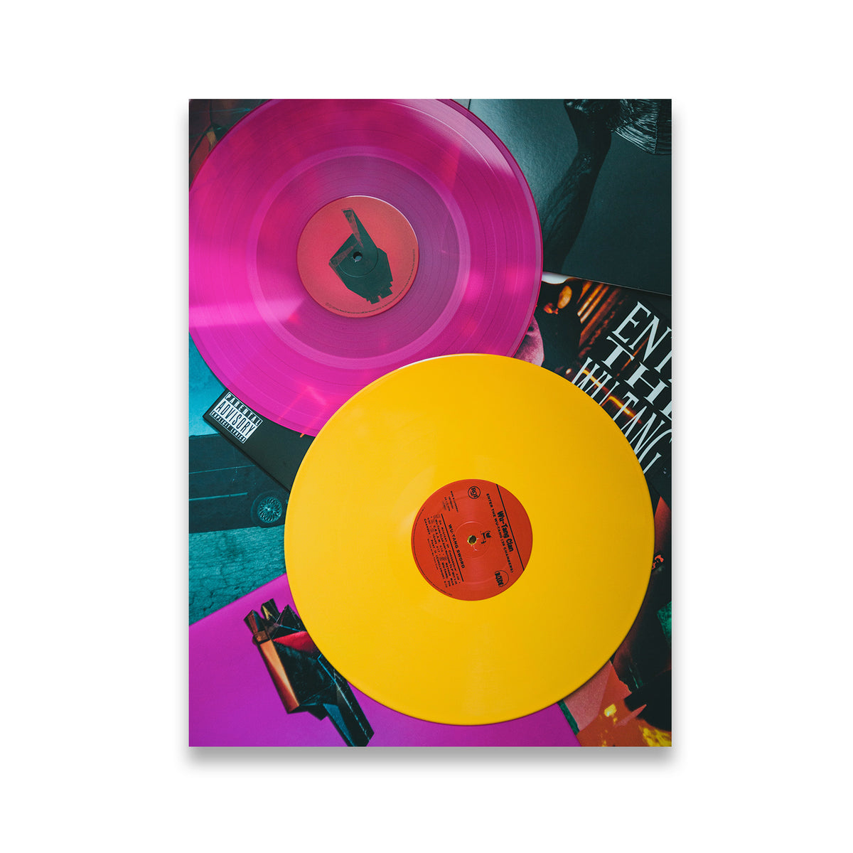 Wu-Tang Clan colored vinyl records flat lay with magenta and yellow pressings and album artwork canvas wall art print