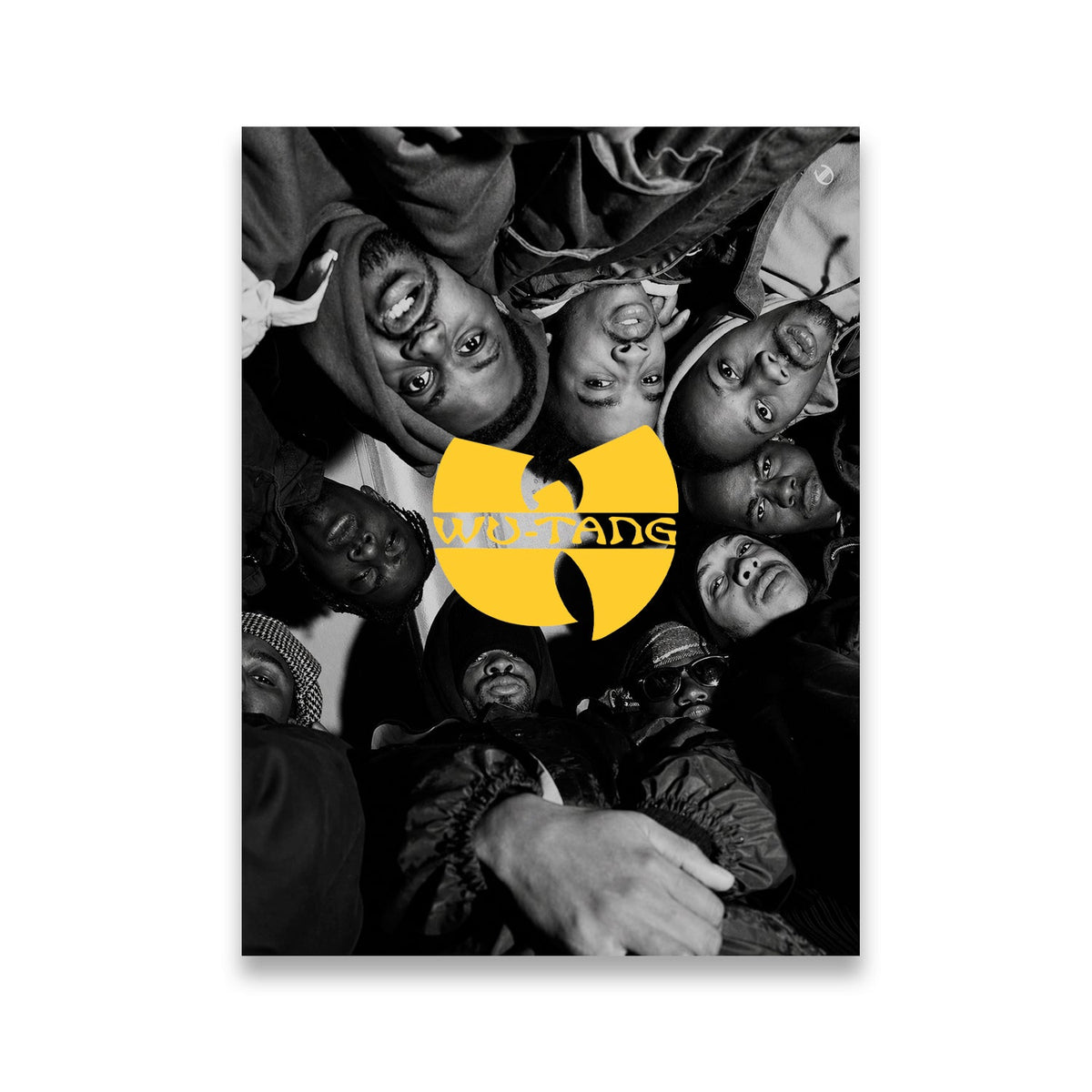 Wu-Tang Clan crew huddle black and white canvas wall art with bold yellow Wu-Tang logo overlay