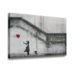 Gallery-wrapped girl with balloon street art canvas wall art – side angle showing premium depth and matte finish