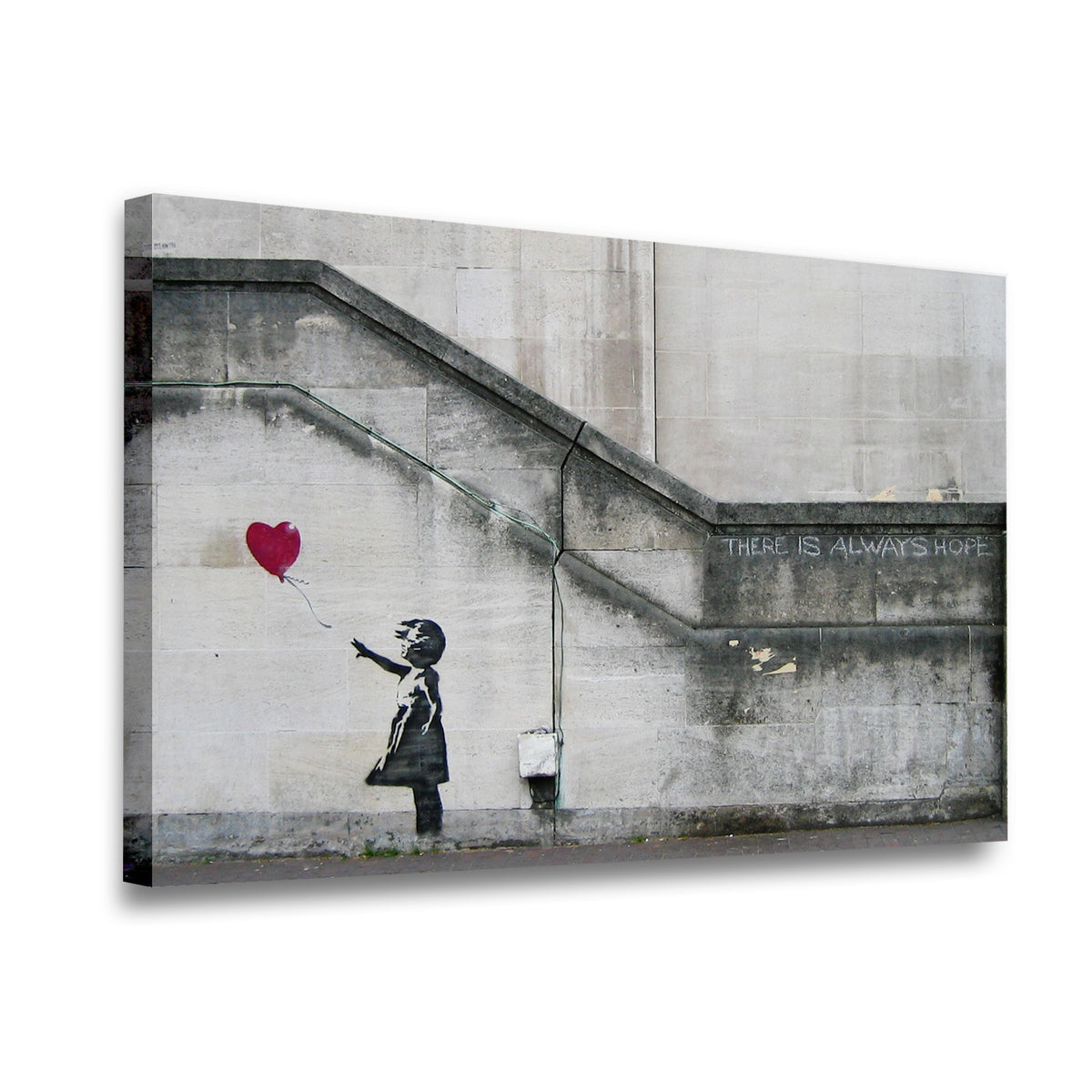 Gallery-wrapped girl with balloon street art canvas wall art – side angle showing premium depth and matte finish