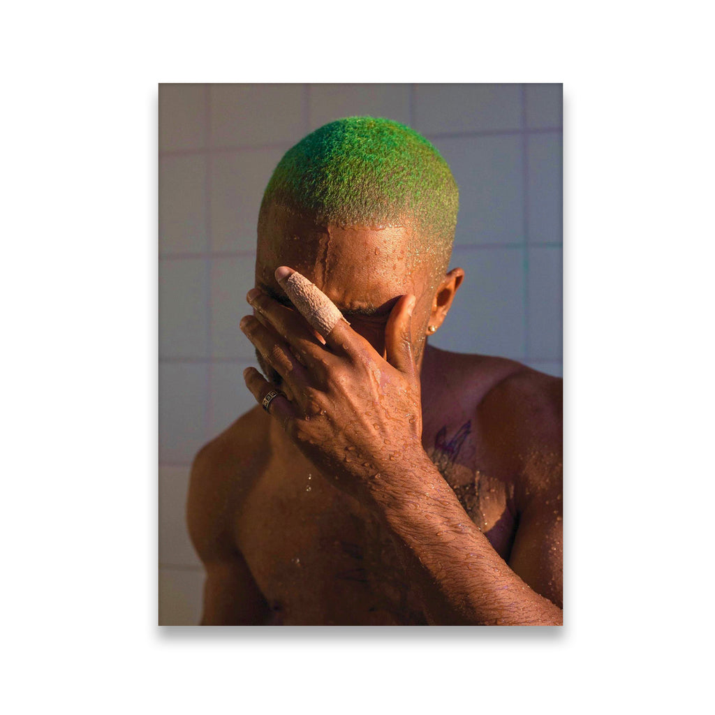 Frank Ocean green hair portrait canvas wall art — intimate shower scene with warm amber tones and vivid green buzz cut
