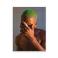 Frank Ocean green hair portrait canvas wall art — intimate shower scene with warm amber tones and vivid green buzz cut