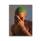 Frank Ocean green hair portrait canvas wall art — intimate shower scene with warm amber tones and vivid green buzz cut