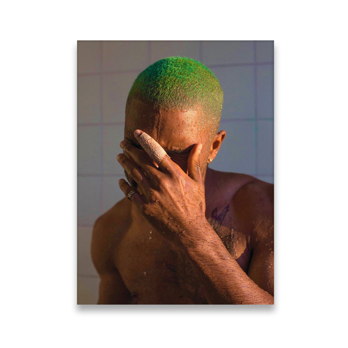 Frank Ocean green hair portrait canvas wall art — intimate shower scene with warm amber tones and vivid green buzz cut