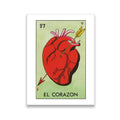 El Corazon Loteria card No. 27 canvas wall art featuring anatomical heart pierced by arrow on sage green background