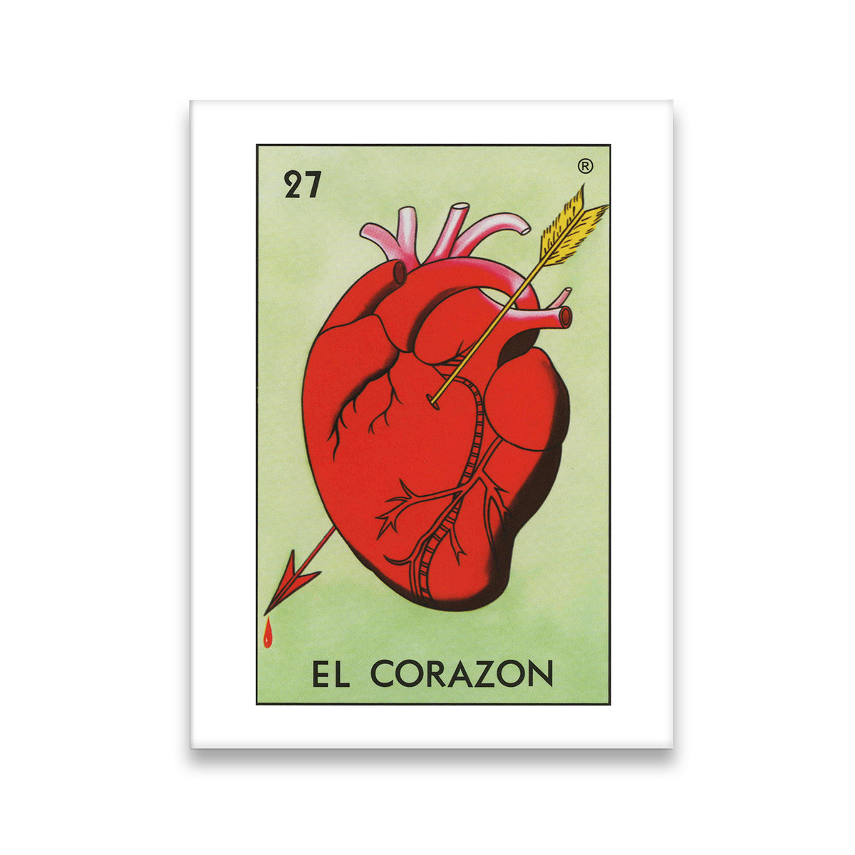 El Corazon Loteria card No. 27 canvas wall art featuring anatomical heart pierced by arrow on sage green background
