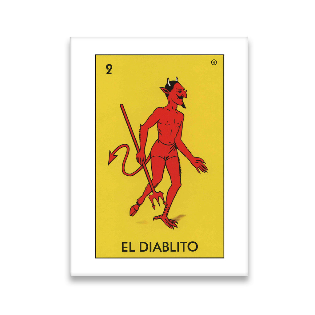 El Diablito Loteria card number 2 canvas wall art — red devil on yellow background, Mexican folk art print