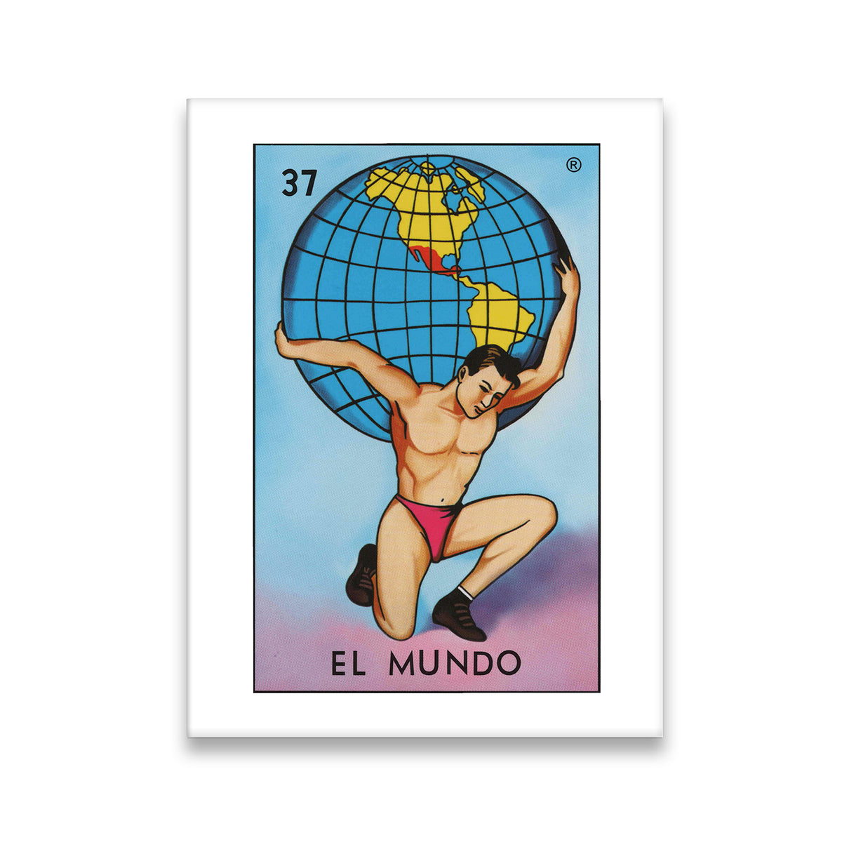 El Mundo Lotería Card 37 canvas wall art — strongman holding globe, Mexican folk art illustration on white gallery-wrapped c