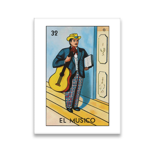 El Musico Loteria card No. 32 canvas wall art — guitarist in yellow hat and checkered trousers, Mexican folk art print