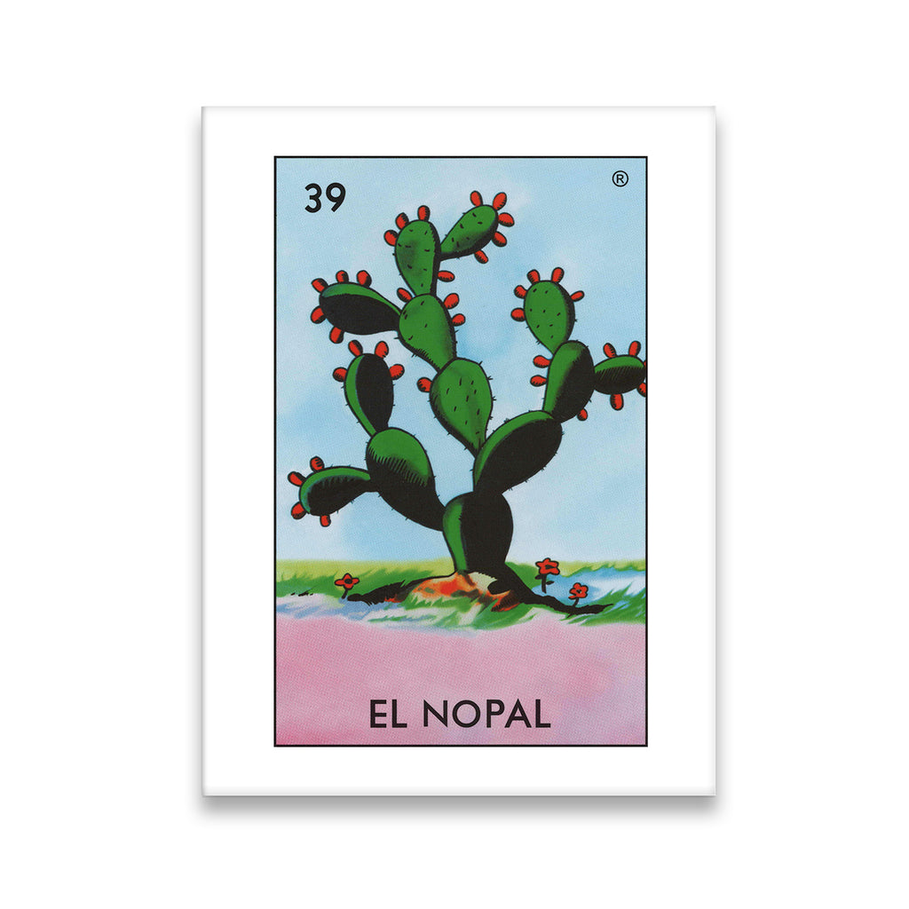 El Nopal Mexican folk art canvas wall art featuring prickly pear cactus card 39 with vibrant green and red colors