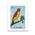 El Pajaro Loteria card 20 canvas wall art featuring a colorful singing bird on a branch, Mexican folk art style