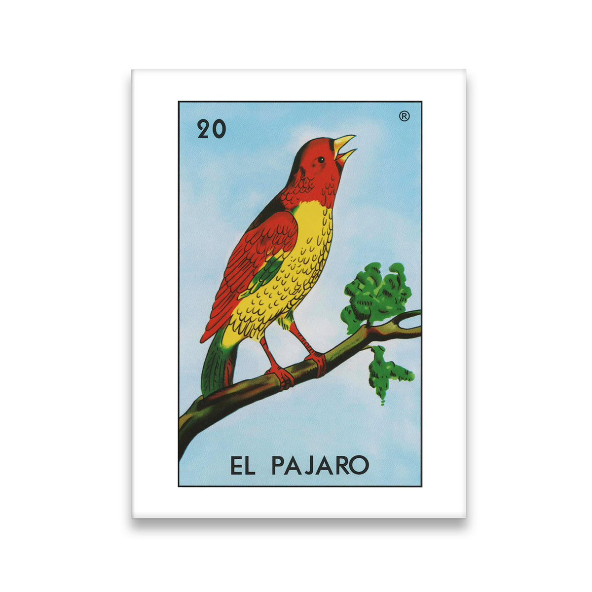 El Pajaro Loteria card 20 canvas wall art featuring a colorful singing bird on a branch, Mexican folk art style