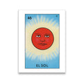 El Sol Loteria canvas wall art featuring a red sun with human face on sky-blue background, front view