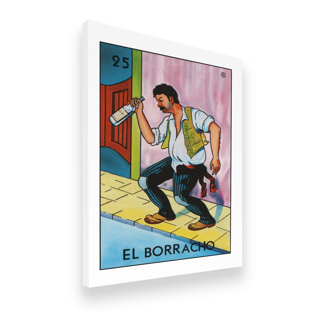 El Borracho Loteria No. 25 gallery-wrapped canvas wall art, angled view showing depth and vibrant folk art colors
