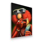 Gallery-wrapped canvas side view of baller red monster hip-hop pop art with gold jewelry and burning cash