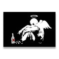 Banksy-style fallen angel stencil canvas wall art – white winged figure with halo slumped over a bottle on black background