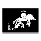 Banksy-style fallen angel stencil canvas wall art – white winged figure with halo slumped over a bottle on black background