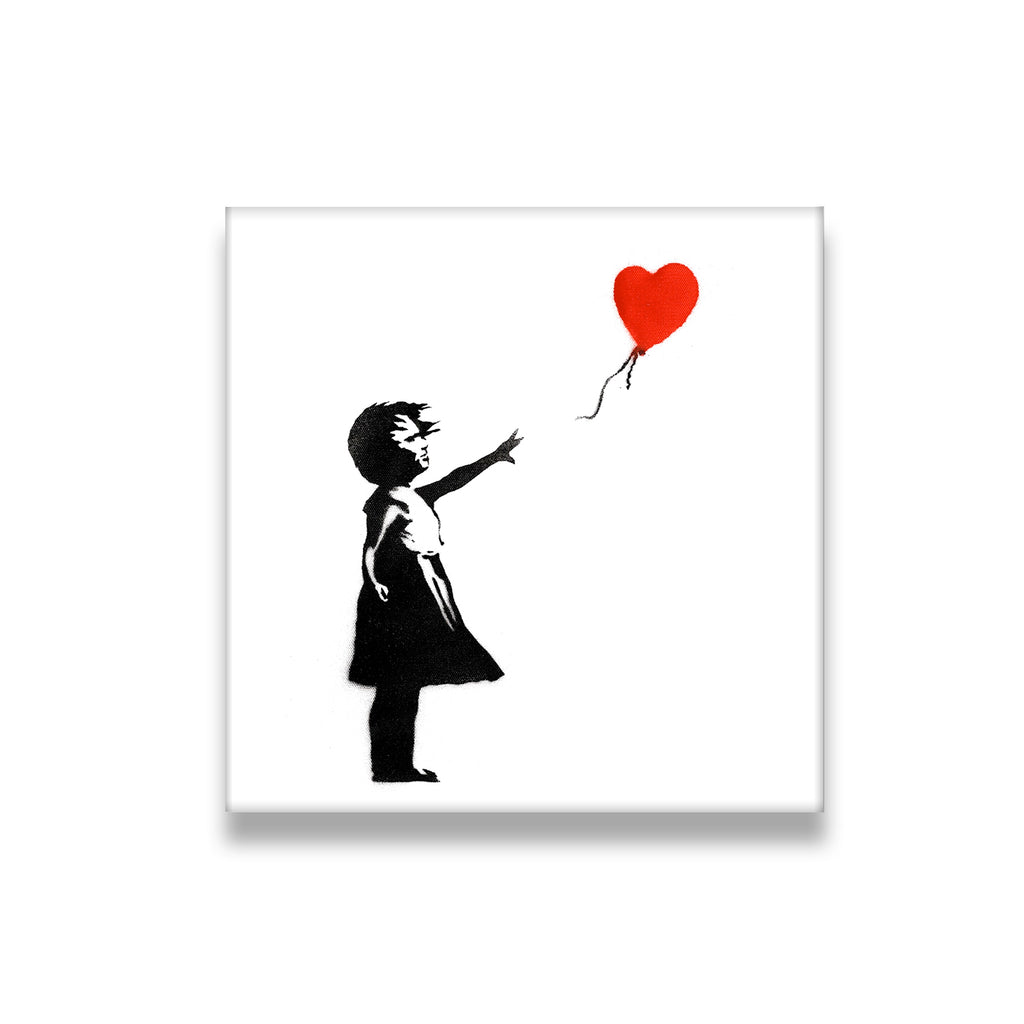 Girl with red heart balloon canvas wall art – black and white street art style print on white background