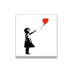 Girl with red heart balloon canvas wall art – black and white street art style print on white background